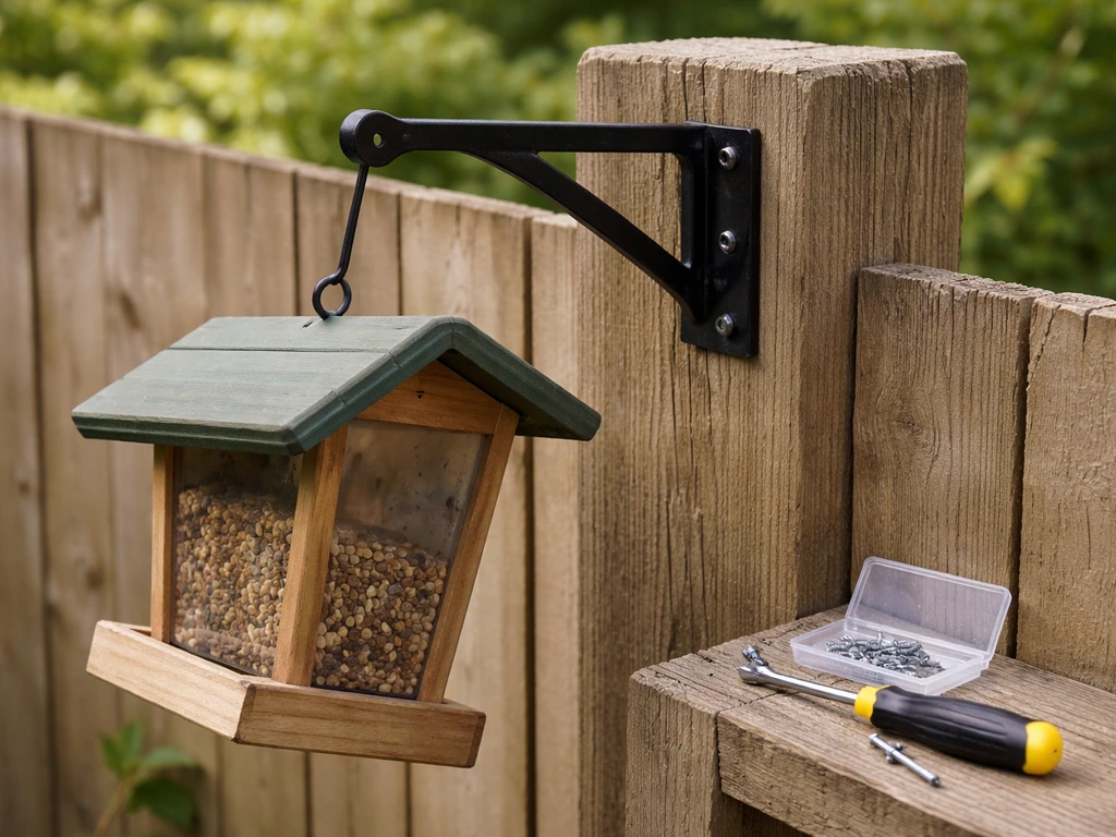 Outdoor bird feeder bracket slightly lifted and wobbling, with loosened screws and screwdriver nearby.