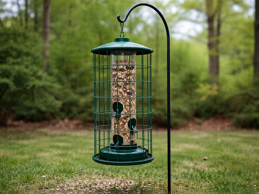 Squirrel-proof tube bird feeder fully assembled on a hook, with feeding ports visible in an outdoor yard.