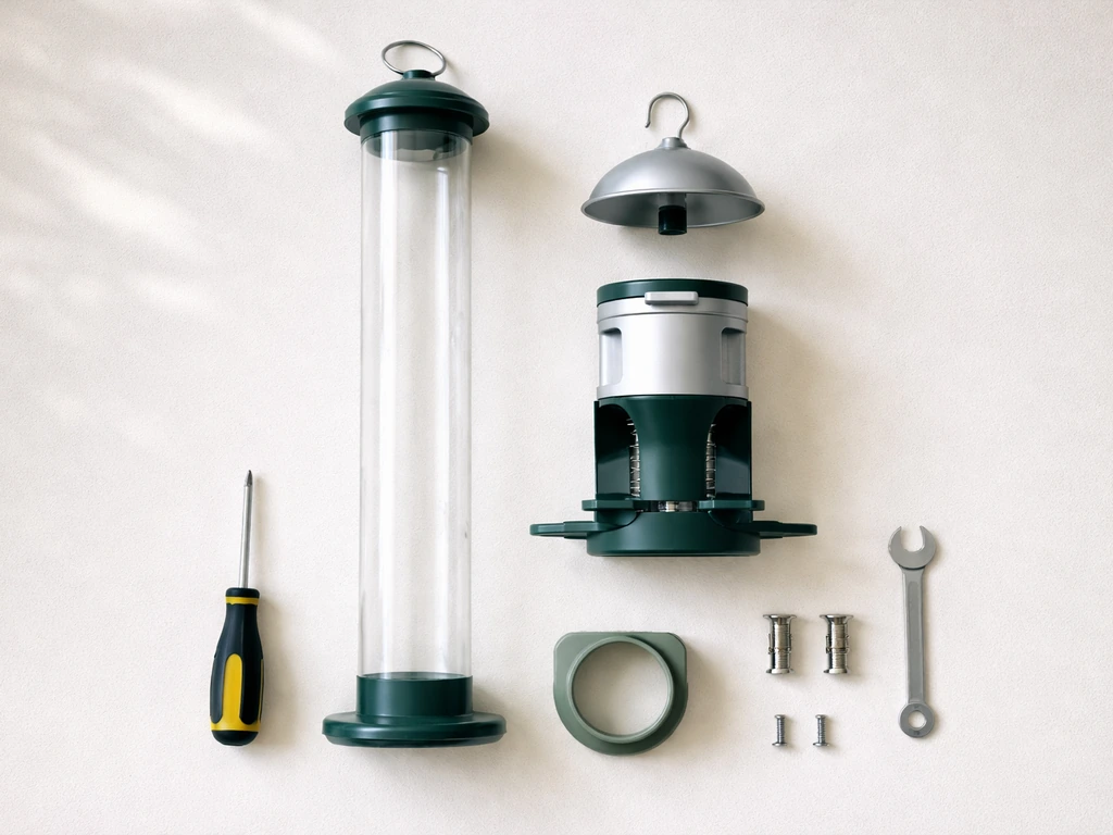 Flat-lay of PestOff 2.0 parts and small tools, including seed tube and collar, on a clean tabletop.