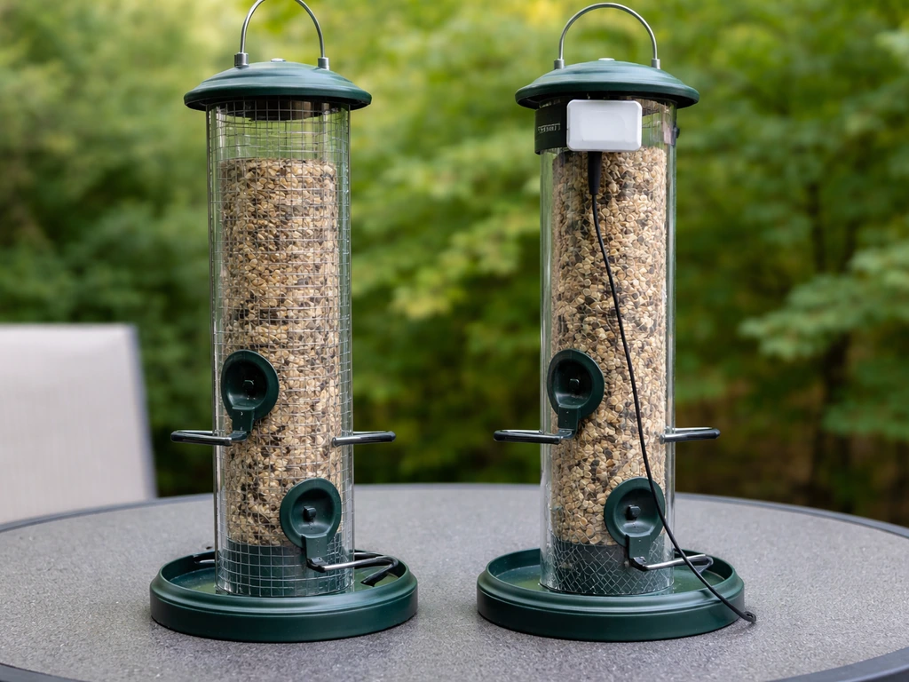 Side-by-side view of a simple tube bird feeder and one with an anonymous smart module add-on.