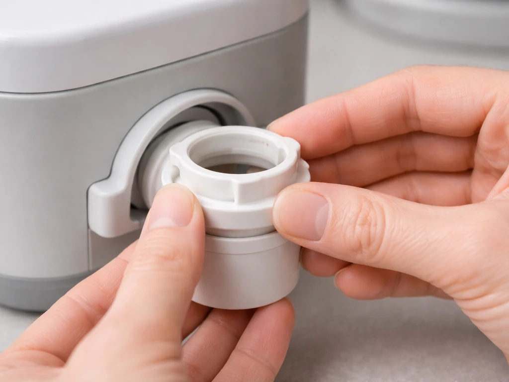 Close-up of hands unseating and repositioning a plastic lower collar on a small appliance connection