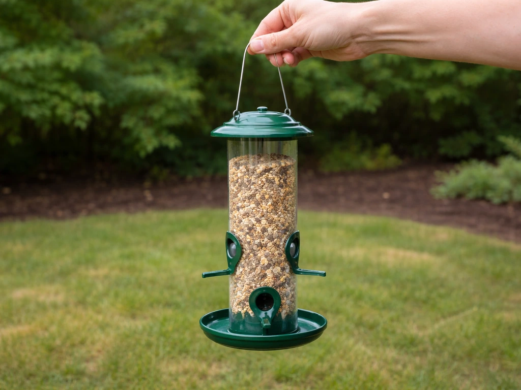 Assembled bird feeder held by the hanging wire over clean garden ground for a stability shake check.