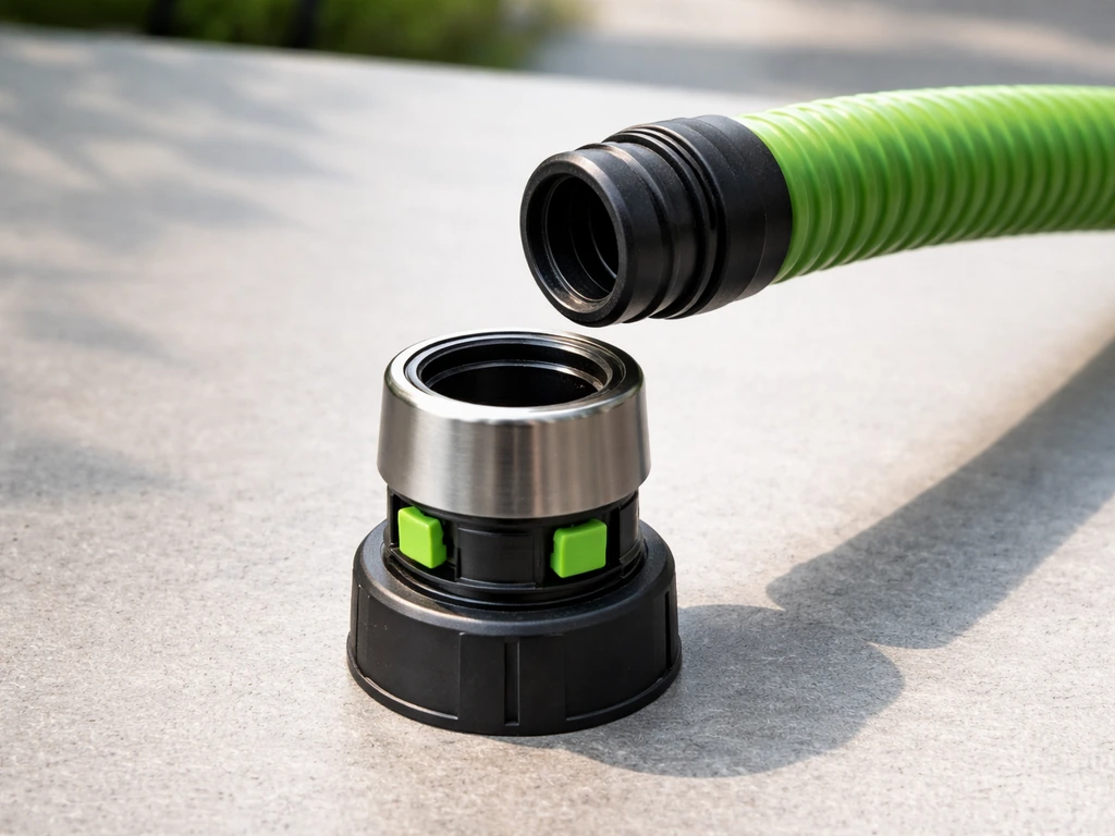 Close-up of a metal collar slid up, green release tabs exposed, and the green tube lifted away for cleaning.