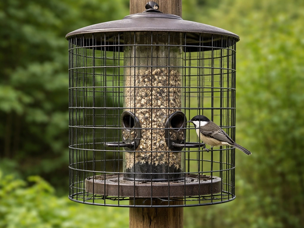 Completed squirrel-proof wire mesh cage around an outdoor bird feeder with visible seed openings.