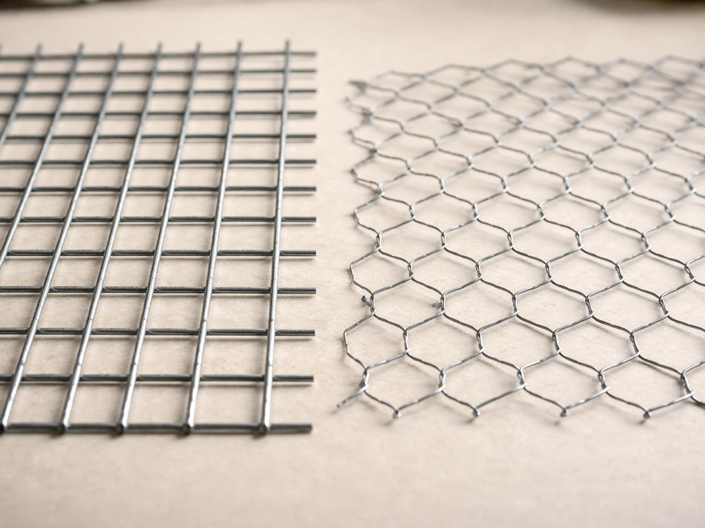 Side-by-side close-up of rigid galvanized hardware cloth versus sagging hex poultry netting.