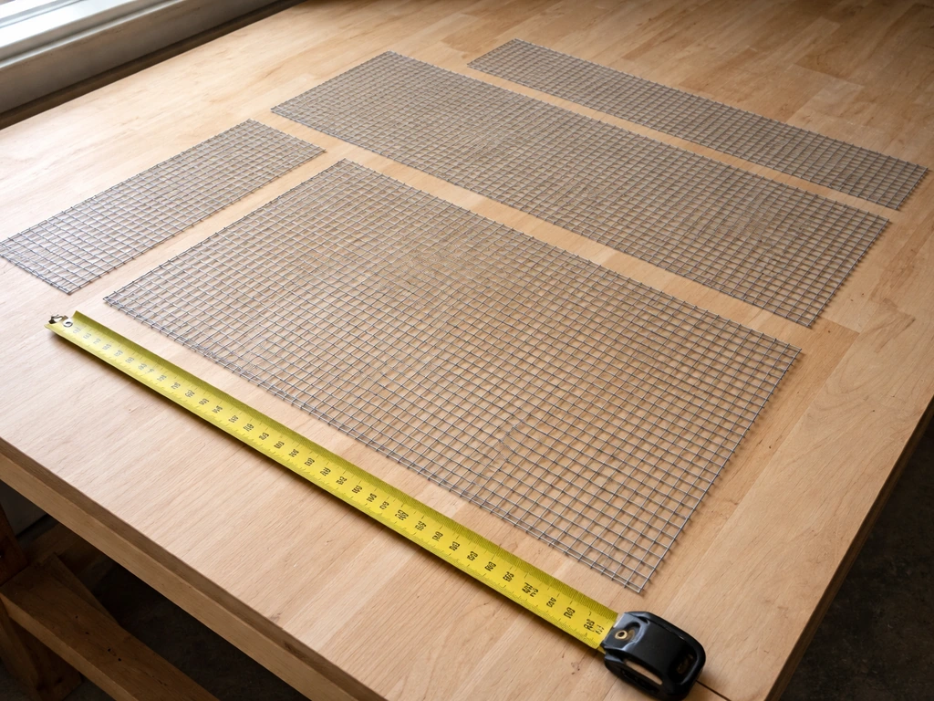 Hardware cloth panels and measuring tape on a wooden workbench for a detachable rectangular guard box frame.