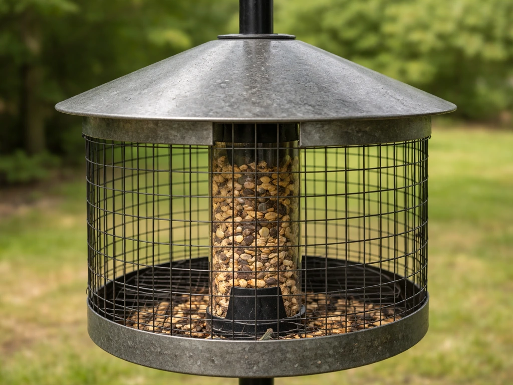 Close-up of a squirrel-proof feeder with a wrap-around baffle and mesh cage on a pole outdoors.