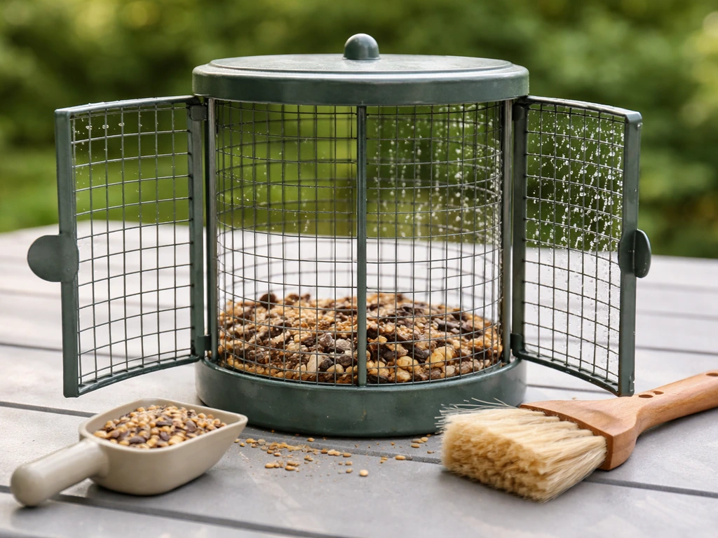 Wire seed feeder cage opened for cleaning, showing dry area and a few condensation droplets on the wire.