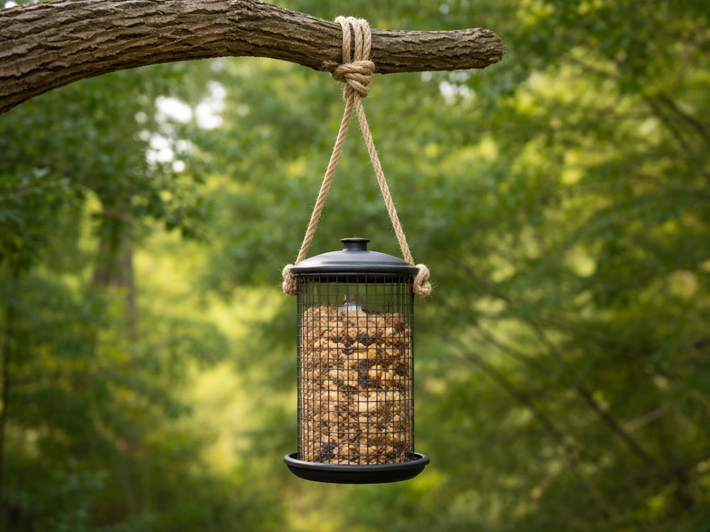 Close-up of a rope-hung bird feeder tied to a tree branch with visible knots and hang angle