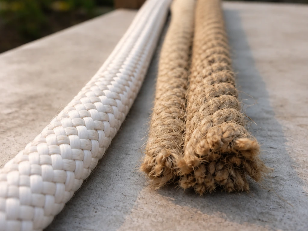 Close-up of braided polyester rope beside natural jute rope, showing texture and moisture/UV contrast