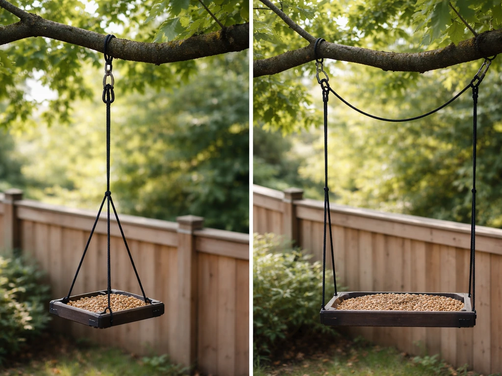 Side-by-side photo showing single rope drop vs two-point rope span supporting a hanging feeder outdoors.