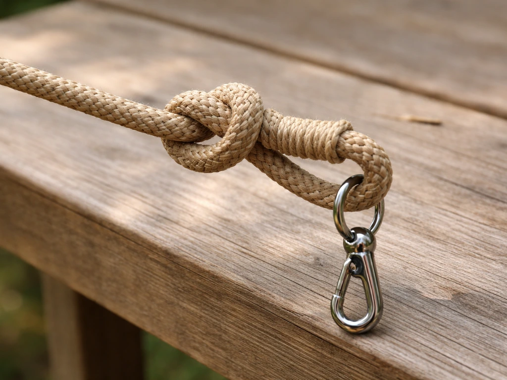 Close-up of a bowline loop knot securing rope to a feeder hanging hardware on a workbench
