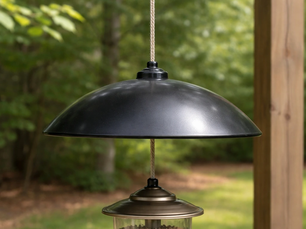 Installed dome baffle above an outdoor bird feeder with a taut, stable rope hang in a quiet backyard.