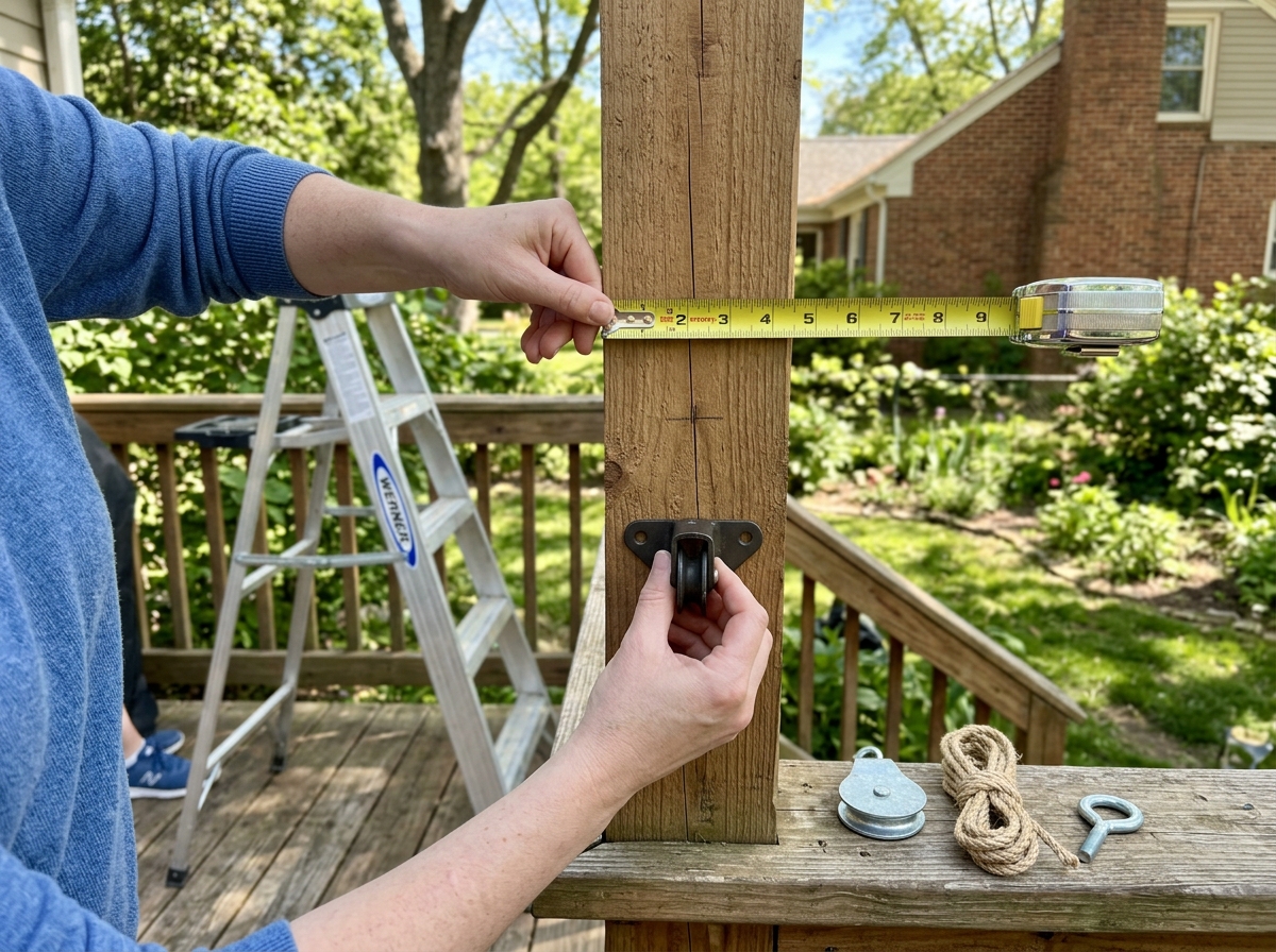 Pulley planned at correct height on deck post with clear access path