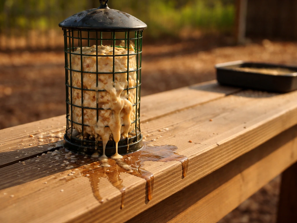 Warm weather makes a lard feeder droop and drip with greasy marks on the ground