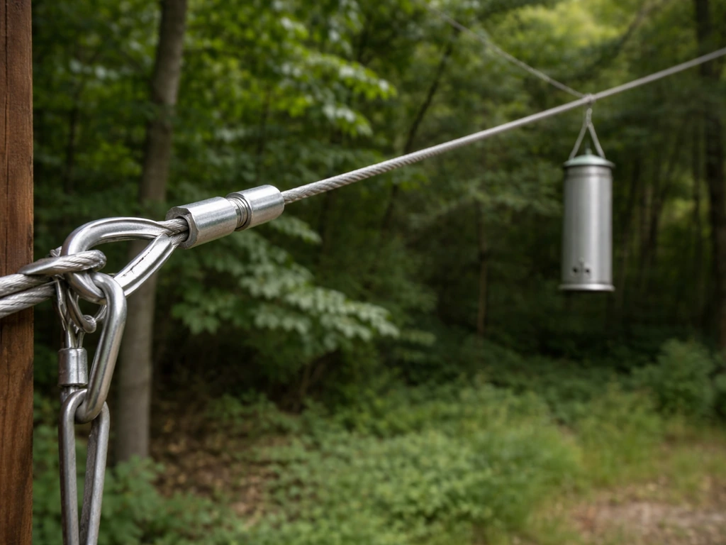 Close-up of a bear-proof hanging wire setup with steel cable and crimp hardware securing a feeder high.