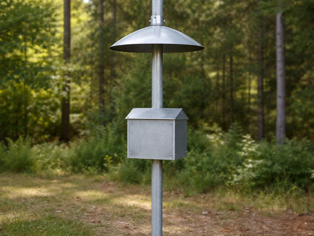 Smooth metal pole with a fitted baffle and enclosed feeder attachment, showing a bear-resistant setup in nature.