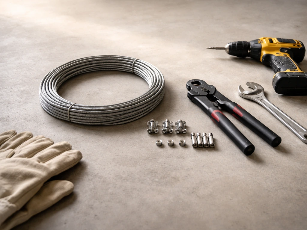 Galvanized steel cable, cable clamps, crimp sleeves, and tools staged on a concrete floor.