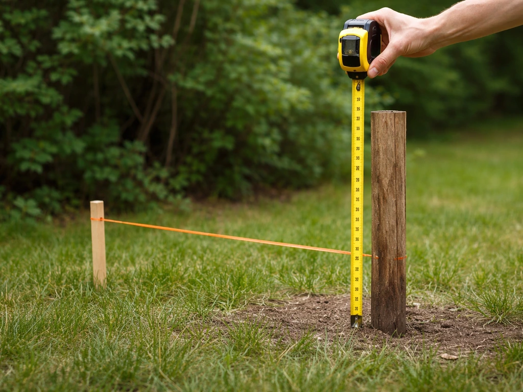 Hand using a tape measure on a yard stake layout to mark minimum feeder height and horizontal clearance