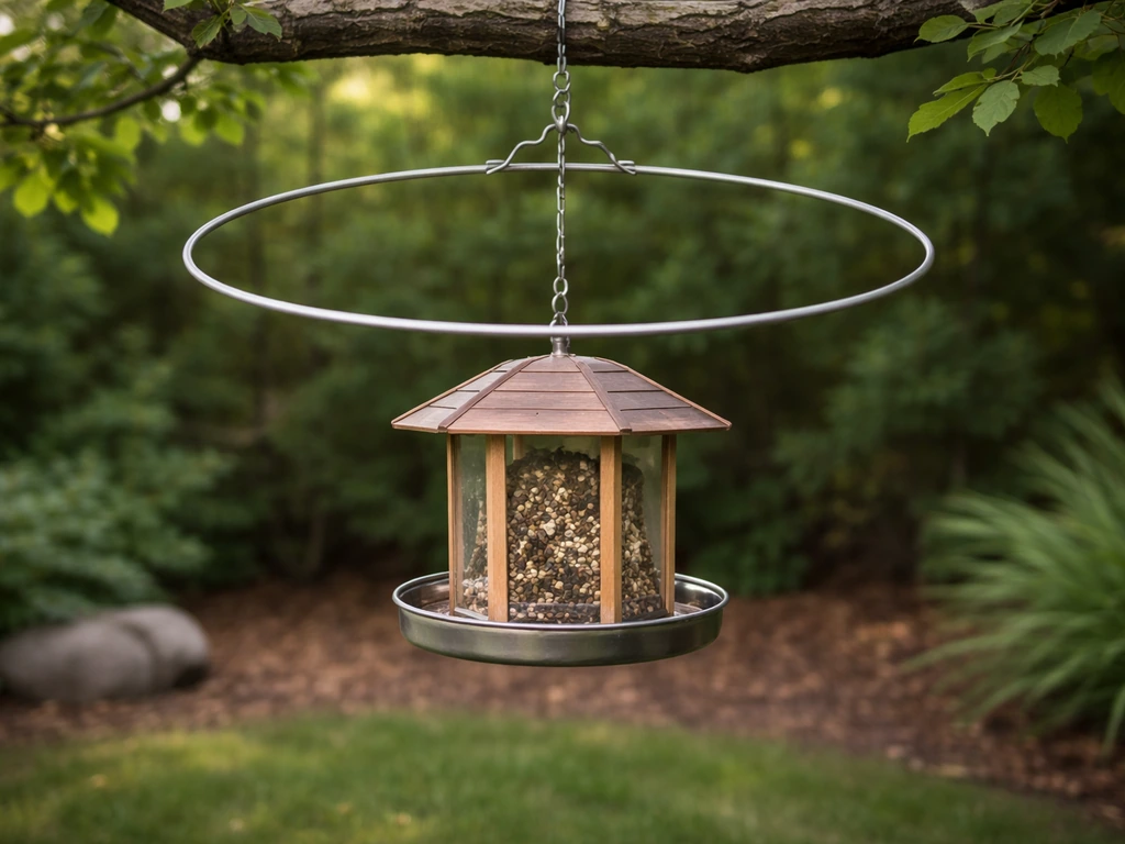 Center-framed backyard bird feeder with a visible DIY halo ring exclusion barrier around it.