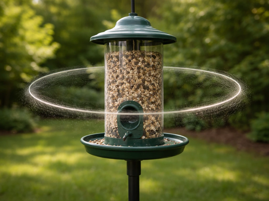 Close-up side view of a bird feeder with a thin halo ring barrier around the entrance area.