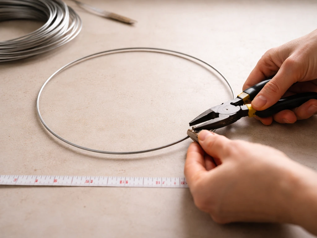 Hands shaping a circular wire wreath ring with pliers and a measuring tape on a work surface.
