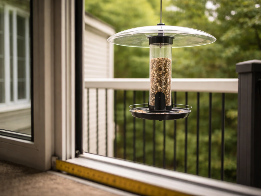 Small bird feeder with hoop near a window, with clear space from obstacles shown by an out-of-focus measuring tape on th