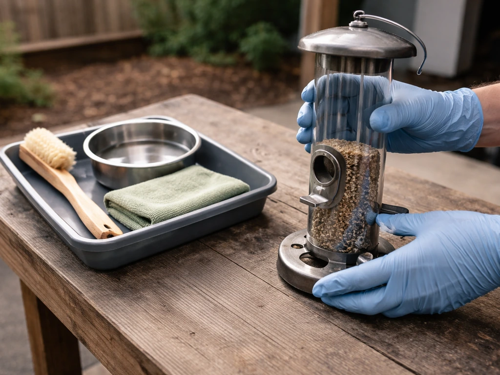 Gloved hands placing a bird feeder on a stable outdoor work surface beside cleaning tools