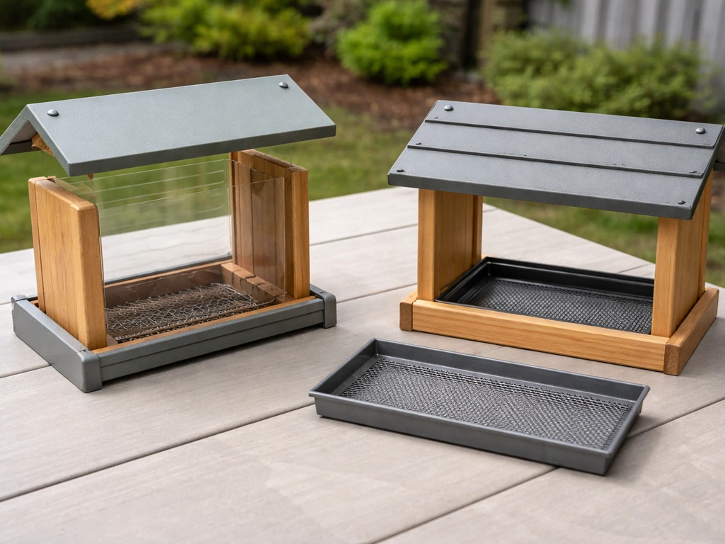 Two bird feeders side by side: house feeder roof lifted and tray feeder with tray removed, showing different parts.
