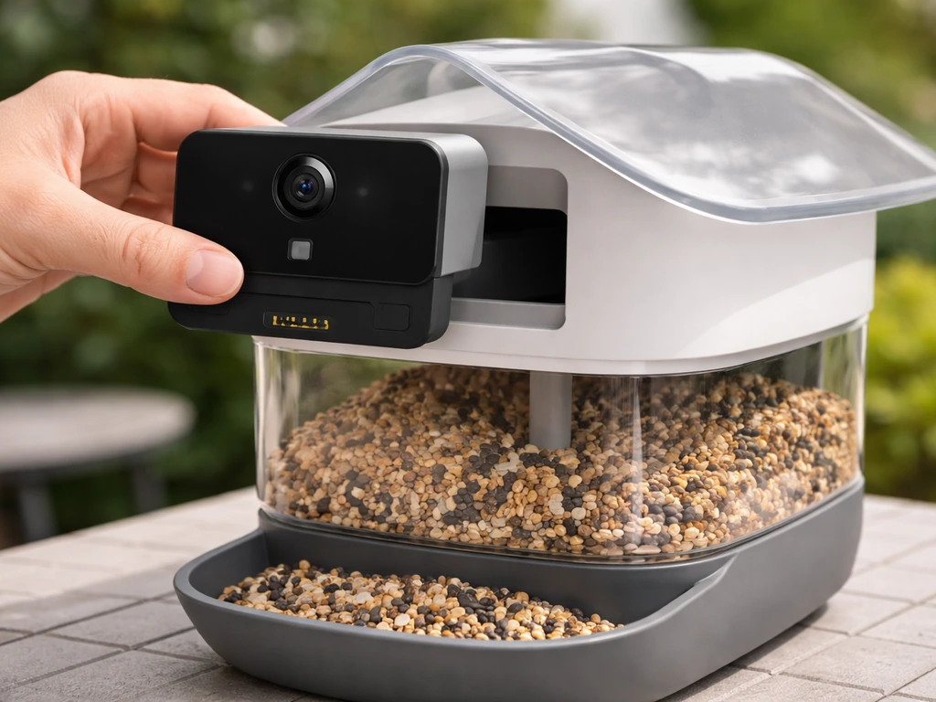 Close-up of a camera-equipped bird feeder with the electronic module lifted out before cleaning.
