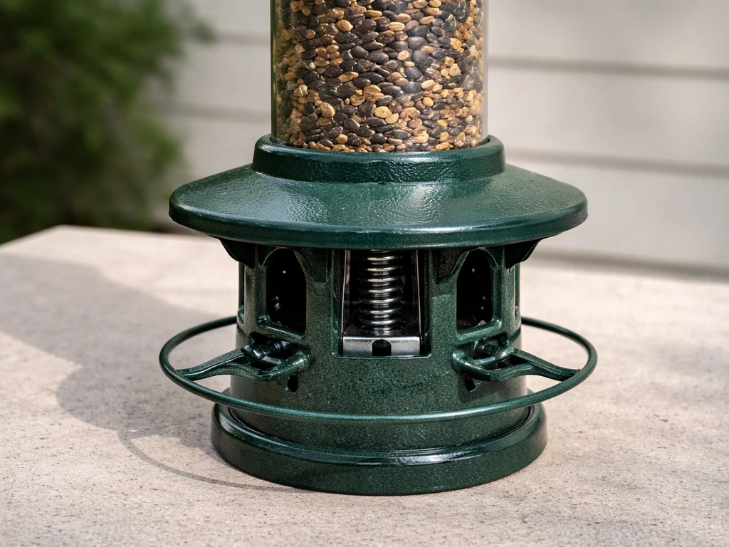 Close-up of a squirrel buster feeder with spring-loaded shroud mechanism at rest, showing moving parts.