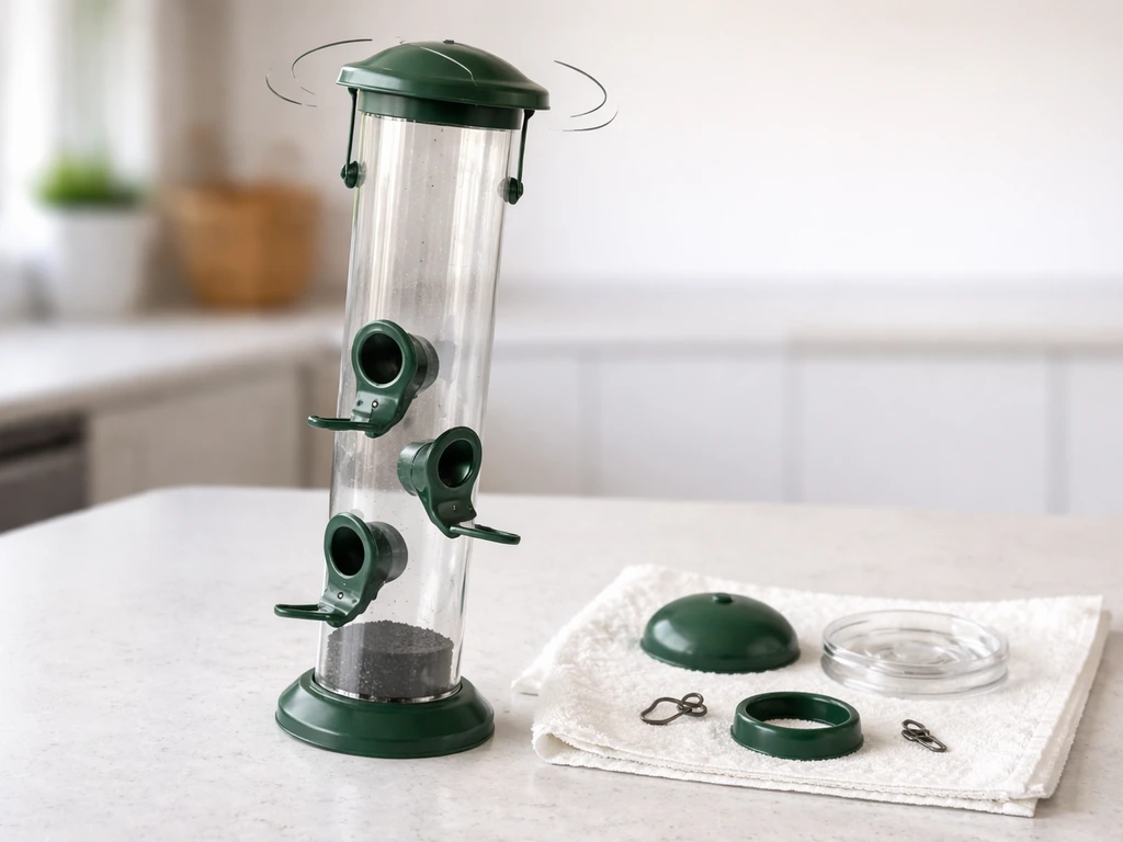 Reassembled upright seed feeder with ports aligned; dry parts laid on a towel for a shake/fit check