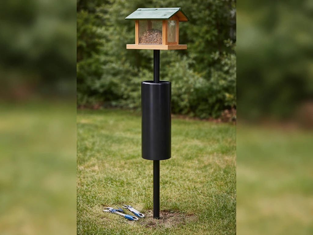Bird feeder on a pole with a newly installed squirrel baffle around the pole in a yard