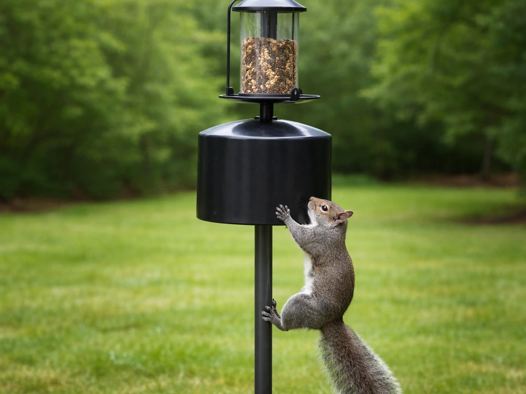 A squirrel tries to climb a smooth pole toward a bird feeder but is blocked by a baffle.