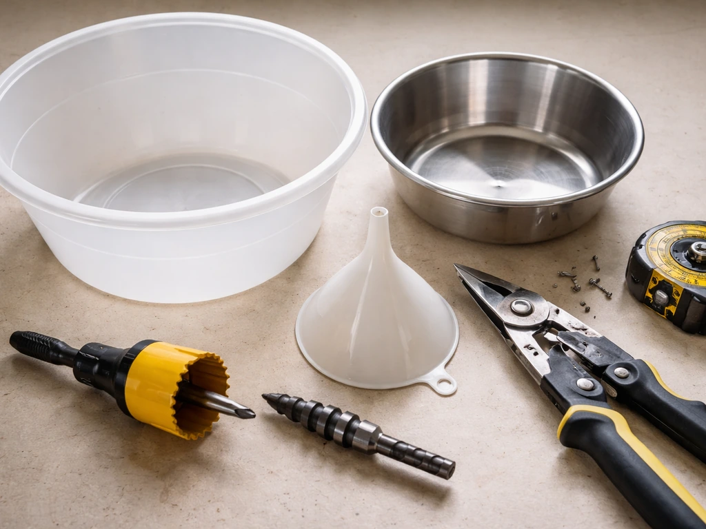 Tools and common household bowls laid on a workbench for building a DIY baffle