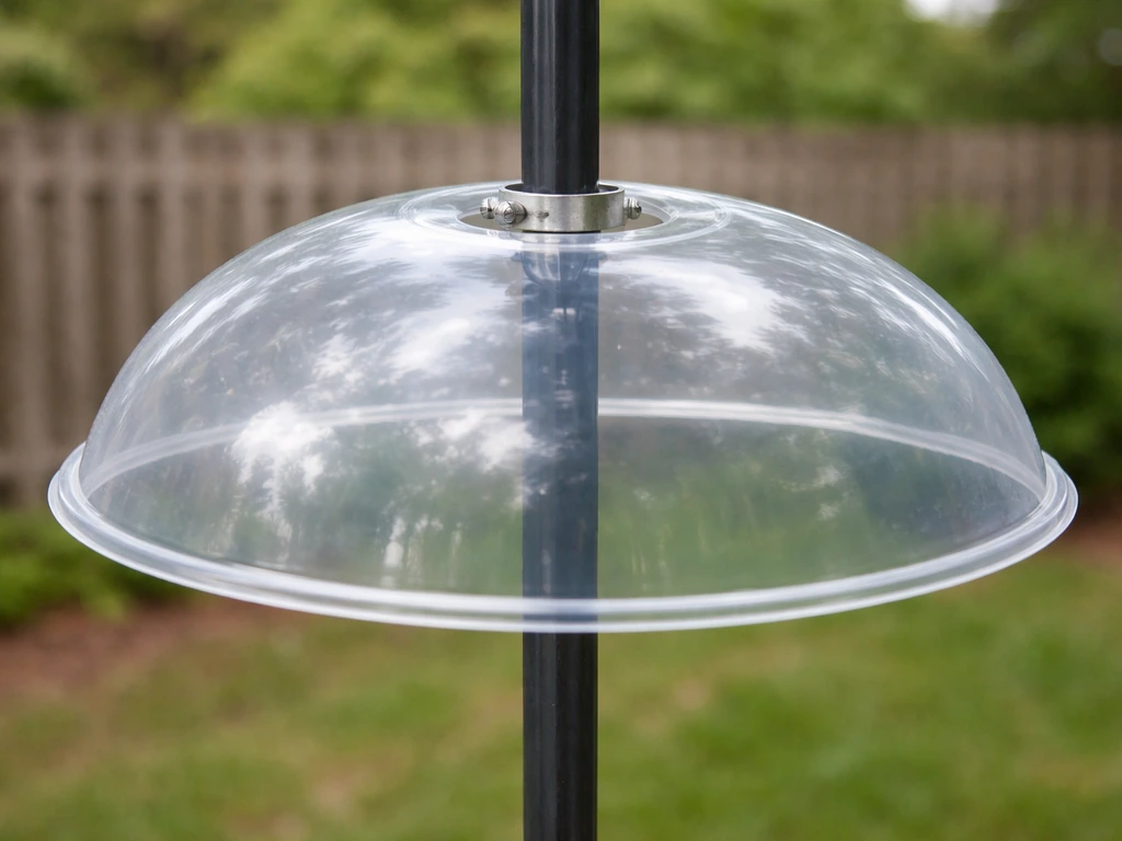 Close-up of a DIY cone/dome pole baffle made from a plastic bowl with a central opening aligned on a pole.