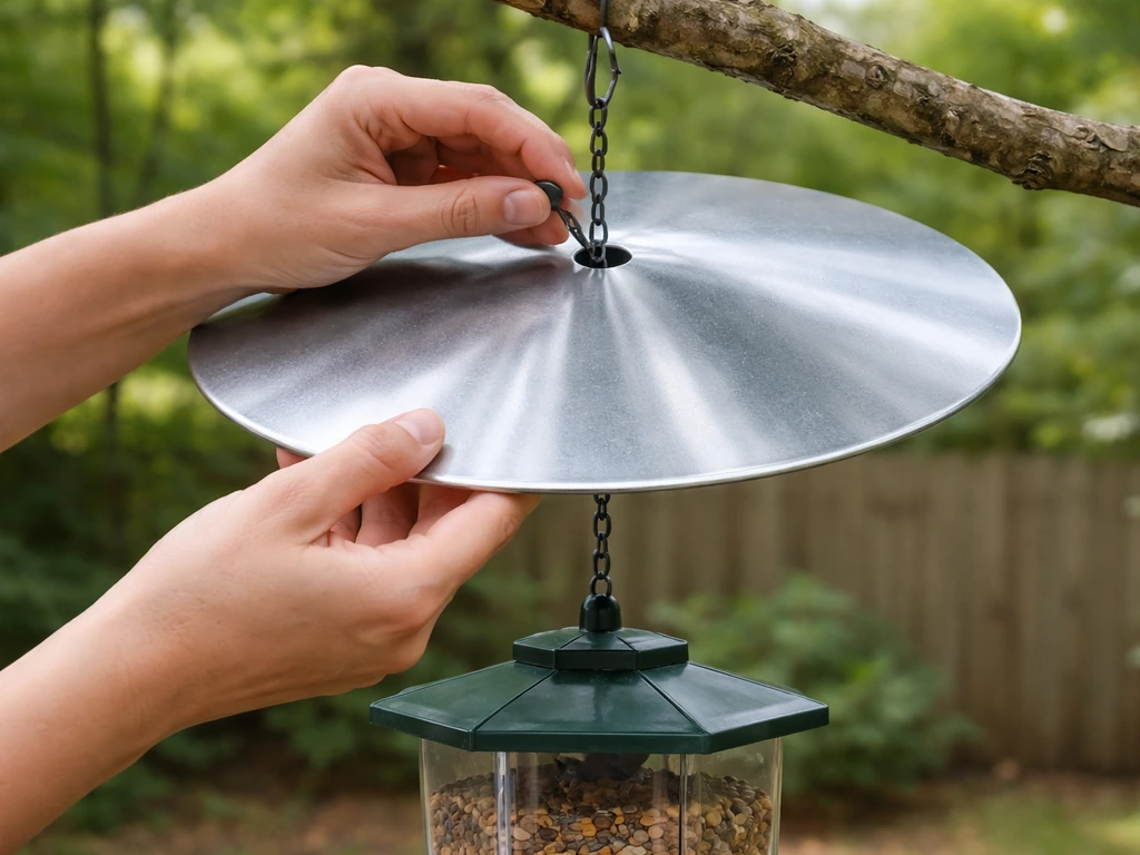 Hand threading a chain through the center hole of a feeder baffle disc above a hanging bird feeder