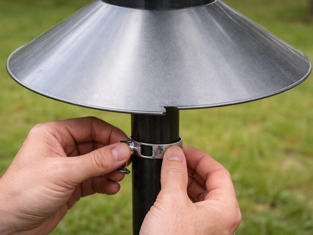 Close-up of a metal baffle on a pole, slightly rotated, with a hand fitting a correct mounting adapter hardware