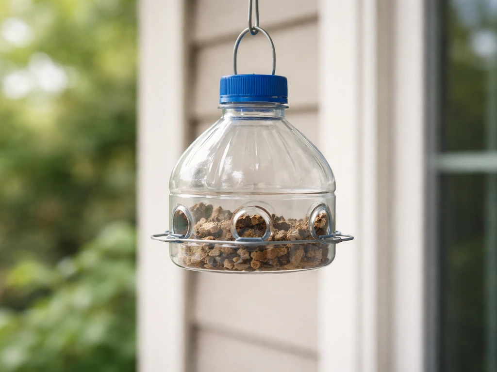Close-up of a bottle-top bird feeder with a hanger loop hanging outdoors by a window, feeding ports visible.