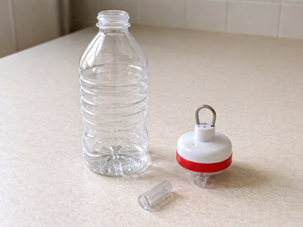 Feeder top cap replacement with integrated loop next to a reused plastic bottle and small connector tube.