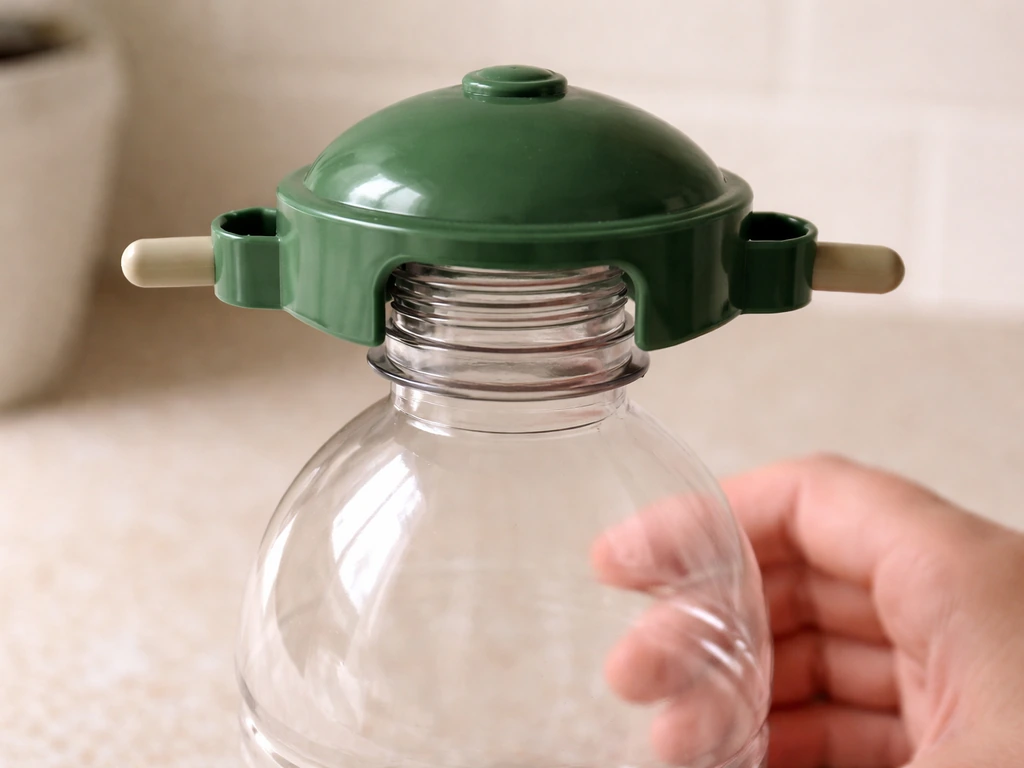 Close-up of a dry bottle with the feeder top fitted correctly on the opening.