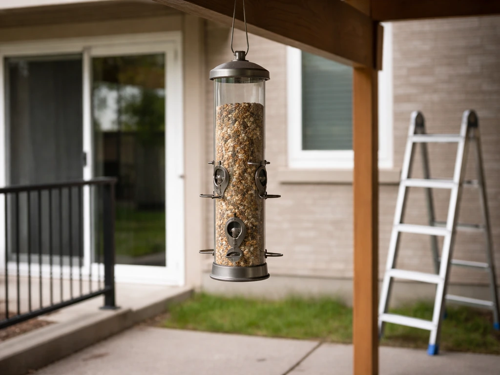 Bird feeder hung about 5–6 feet high on a patio beam near a window, with ground scale visible.