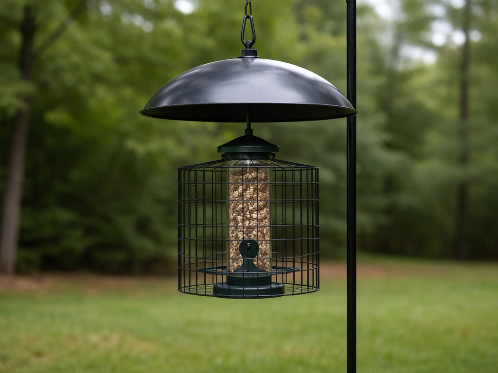 Backyard bird feeder on a pole with a protective guard, positioned away from nearby surfaces to deter squirrels