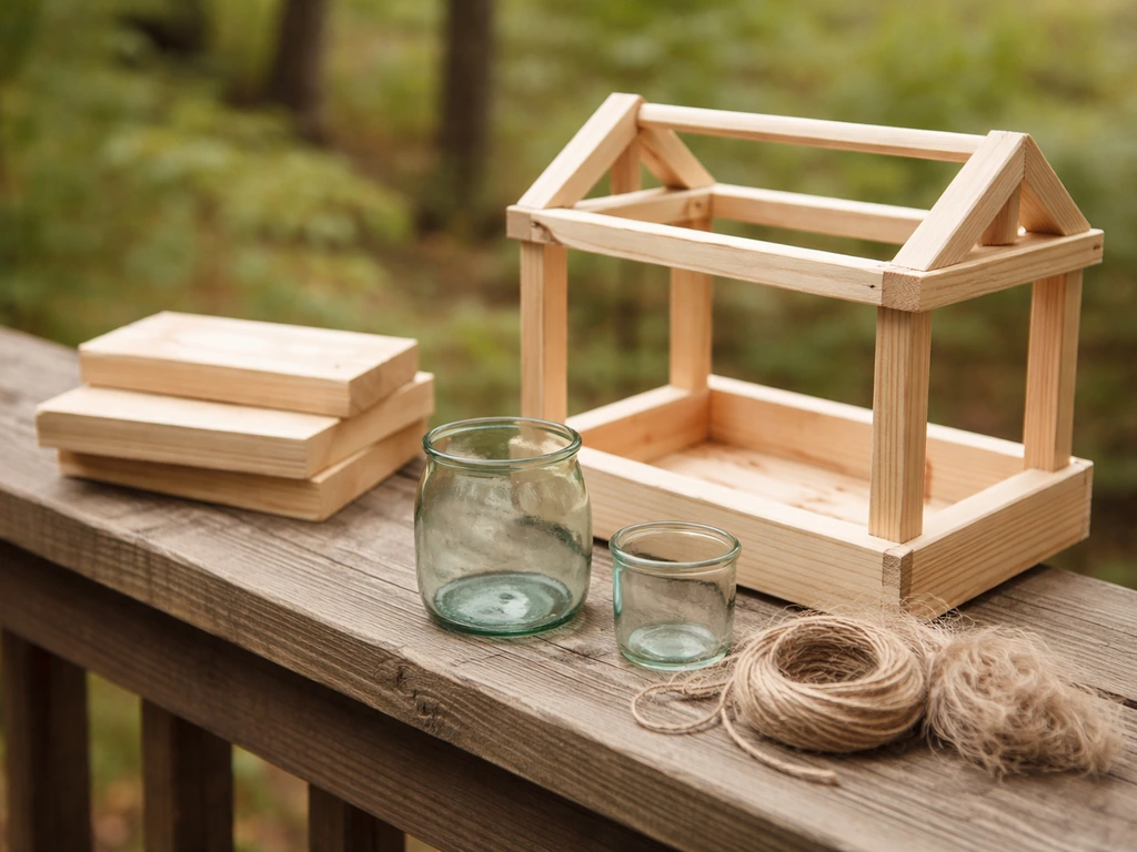 Untreated wooden bird feeder parts with natural twine and eco materials laid out on a porch