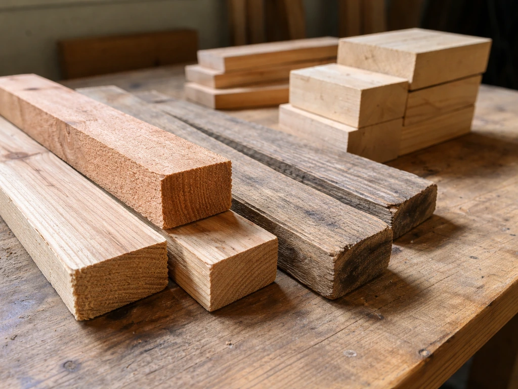 Close-up of untreated cedar and pine scrap wood and reclaimed wood pieces staged for building