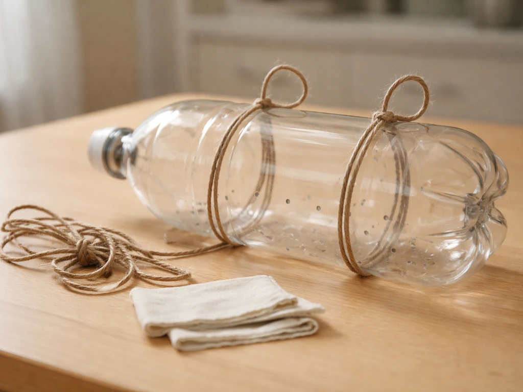 Clean 2-liter plastic bottle feeder with drainage holes and twine/wire ready to hang
