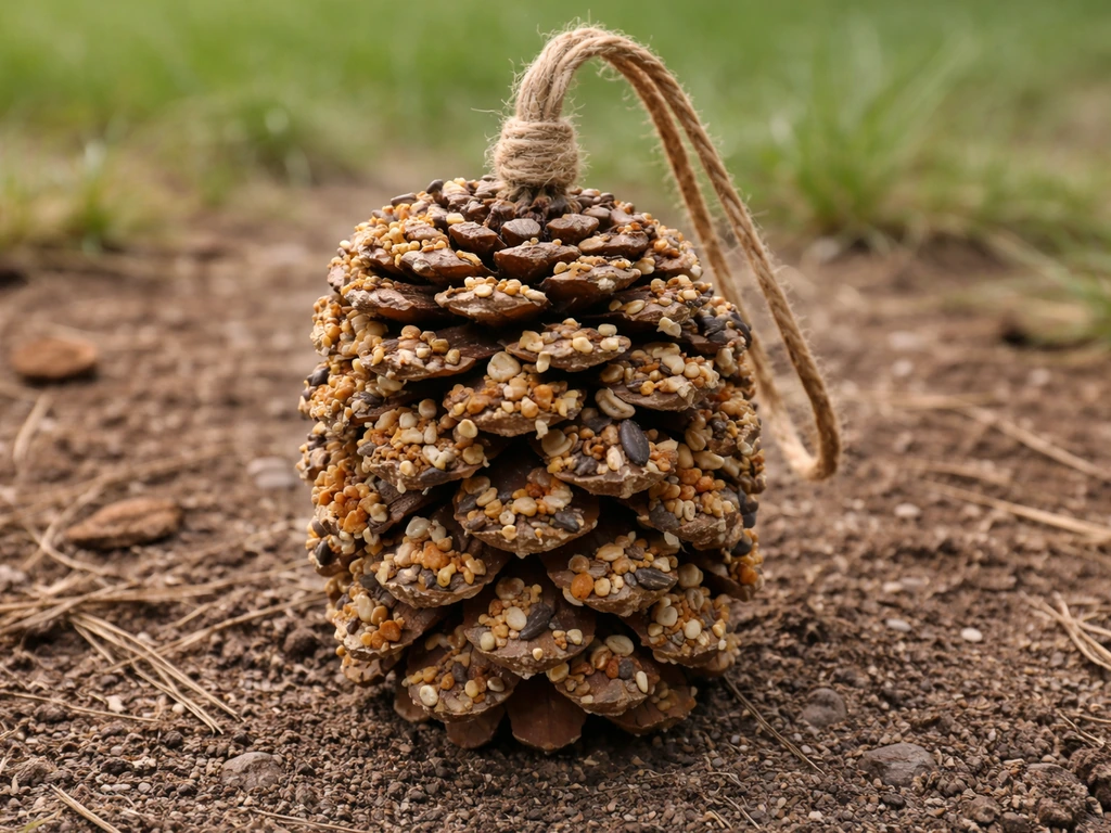 Finished pinecone bird feeder with twine loop, coated with seeds, ready to hang outdoors.