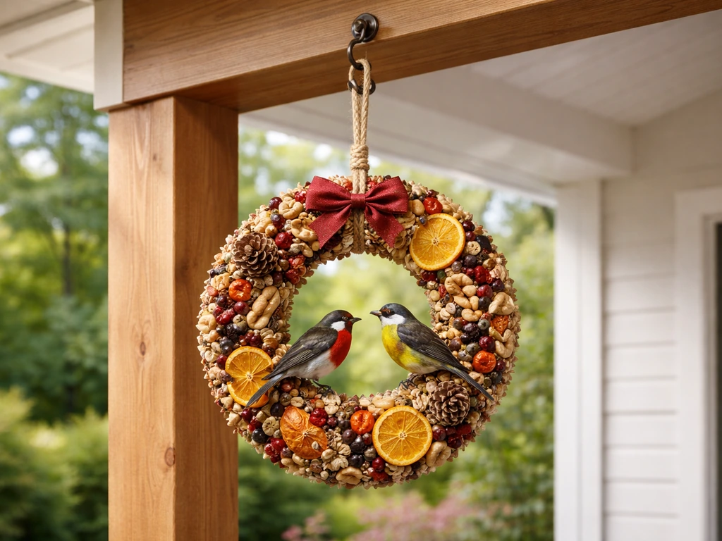 Bird-themed wreath securely hanging on a metal hook anchored to a porch beam outdoors.