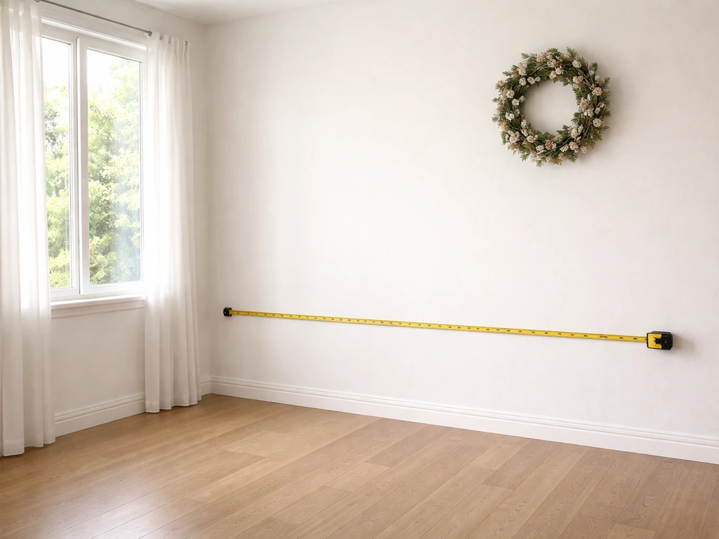 Wreath mounted near a window with a tape measure showing the forbidden middle space left empty