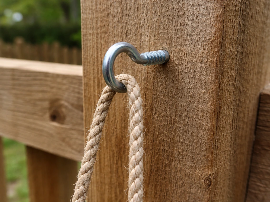 Close-up of a screw hook fixed to a wooden post with a cord looped for hanging